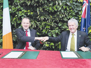 Agriculture Minister Damien O&#039;Connor and his Irish counterpart Charlie McConalogue after signing an agreement on greater co-operation in agricultural research between NZ and Ireland last month.