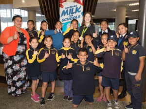 Wymondley Road School staff and students and Olympian Eliza McCartney celebrating Fonterra Milk for Schools this morning.