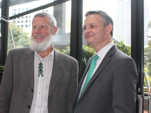 Newly-appointed Climate Change Commission chair Dr Rod Carr (left) and Climate Change Minister James Shaw.