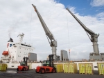 The season's first shipment of kiwifruit being loaded last month in Tauranga.