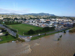 Roads under water in Gore. Photo: High Country Helicopters/Facebook.