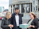 (left to right) NZPork policy adviser Frances Clement and NZPork chief executive Brent Kleiss present the petition to National MP Barbara Kuriger 