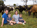 Robert and Krystal Whitaker with their sons Thomas, 3, and George, 2, on their first farm in Maihiihi, east of Otorohanga.