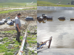 David Law near the pond with a 1m-thick crust. The image, right, shows the same pond clear and crust-free after Law increased the pH and introduced aerobic bacteria.