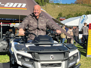 Champion sheep shearer and Can-Am Ambassador Sir David Fagan with the 2026 Can-Am Outlander Electric.