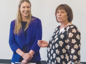 Federated Farmers West Coast dairy chair Renee Rooney (right) and NAIT chief executive Michelle Edge at the meeting.