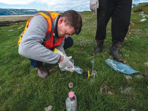 Manaaki Whenua intern Florian Chazottier collects flies from a trap set near an RHDV1 K5 virus release site at Glentanner. Photo: Manaaki Whenua / Bradley White.