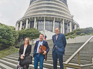 Federated Farmers team of Kim Reilly (l), Jim Greenslade and Peter Wilson outside parliament after making their submission to the Environment Select Committee.