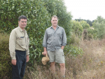 Arable farmer John Evans (left) and forestry and native plant consultant Steve Brailsford at a Better Biodiversity planting site on Evans’ farm at Dorie, near Rakaia. Photo: Rural News Group