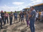 NZ and Australian farmers visiting a farm between Odessa and Kiev in Ukraine; Eric Watson is front centre in shorts and a dark blue top.
