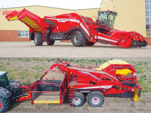 The flagship, four-row Ventor 4150 has a 15-tonne bunker capacity (top) and the two-row trailed bunker Evo 290 harvester has a 9-tonne bunker and three-wheeled TriSys chassis.