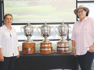 Nukuhia Hadfield (left) and Associate Agriculture Minister Meka Whaitiri picture with the three trophies at Fieldays.