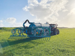 The slurry tanker has a folding 9m trailing shoe layout that uses high tensile steel springs to keep the steel coulters in contact with the sward.