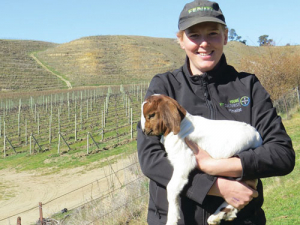 Back at Felton Road Annabel Bulk cuddles a boer goat kid raised on the property’s scrubland block. 