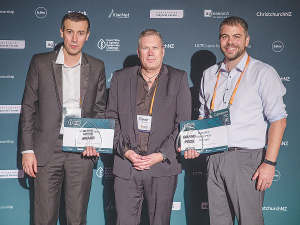 AgResearch’s Clarospec team - Dr Mos Sharifi, left, Dr Trevor Stuthridge and Dr Cameron Craigie - with their awards at the Food Fibre &amp; Agritech Challenge in Christchurch in mid-May. Supplied