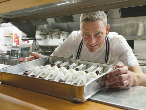 Executive chef Geoff Scott with a batch of sorbet desserts made from Pāmu deer milk. Credit: Lance Lawson Photography PH 0274 425 628