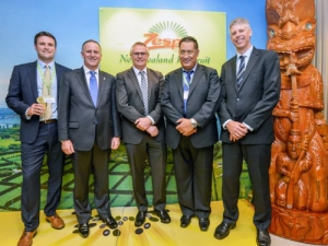  From left: Zespri president global sales &amp; marketing Daniel Mathieson; Prime Minister John Key; Zespri chair Peter McBride; executive chair of Te Awanui Huka Pak Neil Te Kani; and Zespri chief executive Lain Jager.