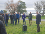 FAR chairman David Birkett addresses attendees on a field trip to Lake Ellesmere.