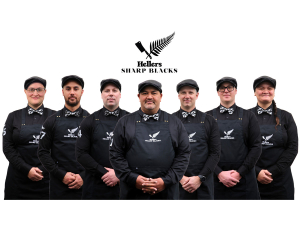 The Hellers Sharp Blacks, from left to right Samantha Weller, Corey White, Luka Young, Riki Kerekere, Reuben Sharples, Dan Klink, Cherise Redden