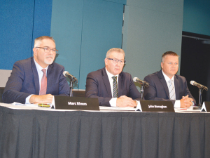 Fonterra chairman John Monaghan flanked by chief executive Miles Hurrell (right) and CFO Marc Rivers.