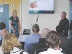 Dr Tricia Johnson and RamGuard testing service head Neville Amyes at the recent Beef + Lamb NZ Genetics sheep breeder forum.