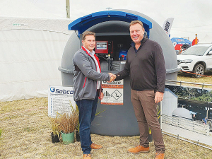 Fuelchief&#039;s Joe Deck (left) shakes hands with Sebco founder Ed Harrison on his company&#039;s recent purchase of the Ashburton-based fuel storage manufacturer.