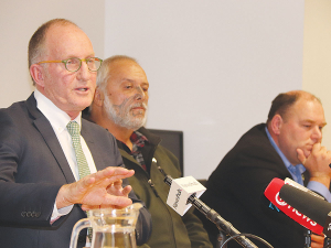 An unusual alliance: Beef + Lamb’s Andrew Morrison, Māori representative Mike Smith and Fed Farmers’ Andrew Hoggard.