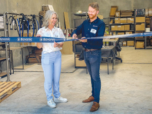 Bovonic Chair Bridgit Hawkins (left) and founder Liam Kampshof officially open the company’s new premises in Tauranga.
